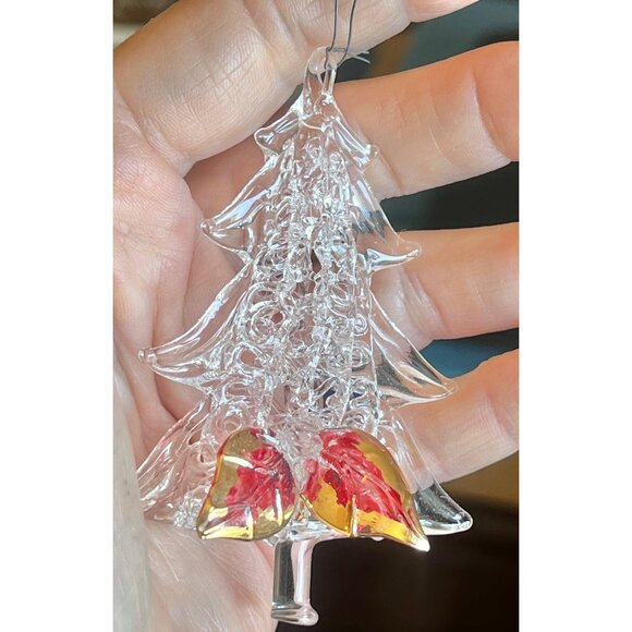 Spun Glass Christmas Tree Ornament With Red Gold Bow Blown 4” t - Picture 4 of 8